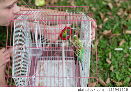 Person holding a small bird cage outdoors. A green parakeet is visible inside. Person holding a small bird cage outdoors. A green parakeet is visible inside. 132941326