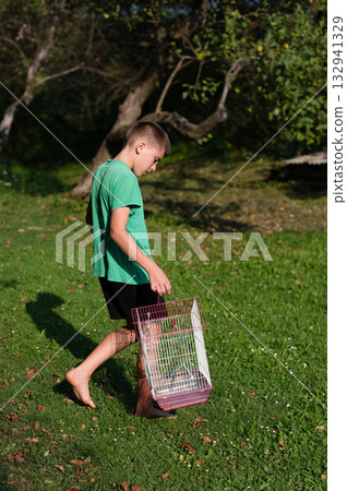 Barefoot boy carries a birdcage across a grassy lawn on a sunny day. 132941329