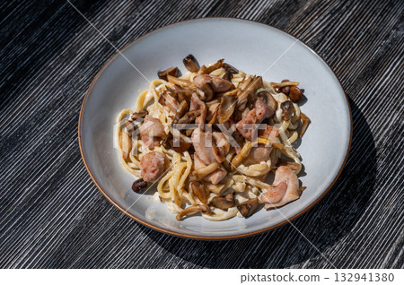 Plate of chicken and mushroom pasta. Plate of chicken and mushroom pasta. 132941380