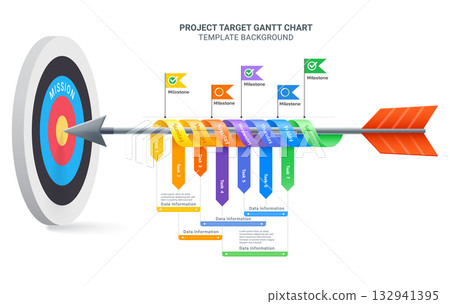 A project 3D arrow gantt chart infographic aimed at a target board. A project 3D arrow gantt chart infographic aimed at a target board. 132941395