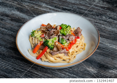 Top view of pasta with beef and broccoli. Top view of pasta with beef and broccoli. 132941407