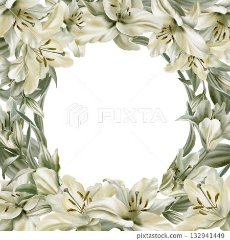 White lilies with leaves arranged in a round wreath base,symbolizing purity,innocence,communion and marriage.Hand drawn watercolor illustration for church ceremonies,advertisements White lilies with leaves arranged in a round wreath base,symbolizing purity,innocence,communion and marriage.Hand drawn watercolor illustration for church ceremonies,advertisements 132941449