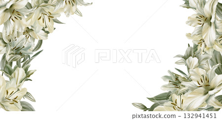 White lilies with leaves arranged in oval template,symbolizing purity,innocence,communion and marriage.Hand drawn watercolor illustration for church ceremonies,advertisements White lilies with leaves arranged in oval template,symbolizing purity,innocence,communion and marriage.Hand drawn watercolor illustration for church ceremonies,advertisements 132941451