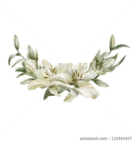 White lilies with leaves in cemicircular frame symbolizing purity,innocence,holiness communion.Hand drawn watercolor illustration for chapel ceremonies,advertisements White lilies with leaves in cemicircular frame symbolizing purity,innocence,holiness communion.Hand drawn watercolor illustration for chapel ceremonies,advertisements 132941457