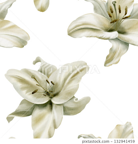 White lilies with leaves in seamless pattern,symbolizing purity,innocence,communion and marriage.Hand drawn watercolor illustration for chapel ceremonies,advertisements 132941459