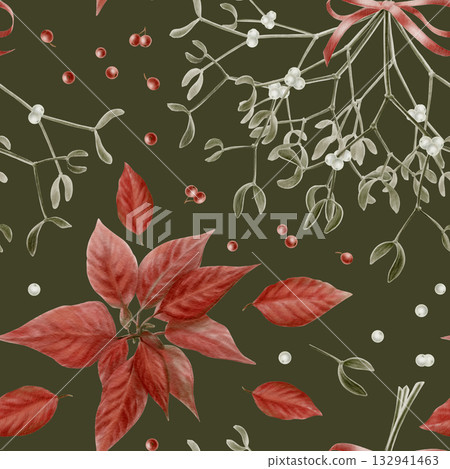 Vintage Christmas seamless border of holly,poinsettia and mistletoe as a symbol of holiday, miracle and faith.Watercolor illustration isolated on green background for tableware,cards, kitchen textiles Vintage Christmas seamless border of holly,poinsettia and mistletoe as a symbol of holiday, miracle and faith.Watercolor illustration isolated on green background for tableware,cards, kitchen textiles 132941463