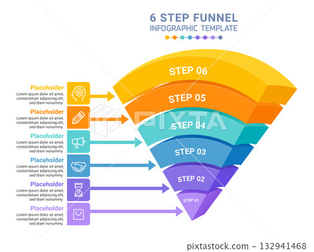 A modern 3D sales funnel infographic showing six colorful layers with percentage data diagram template background. 132941468