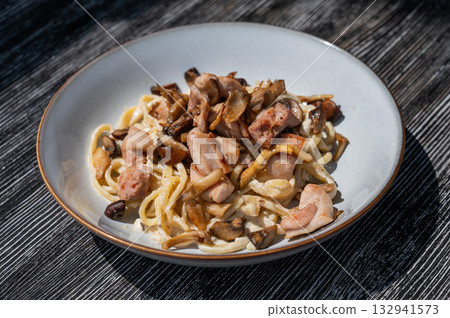 Plate of chicken and mushroom pasta. Plate of chicken and mushroom pasta. 132941573