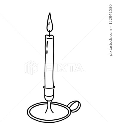 Burning candle in classic holder with handle. Hand drawn illustration in line style. Burning candle in classic holder with handle. Hand drawn illustration in line style. 132941580