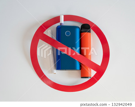 Prohibitory sign on a vape, cigarette and electronic cigarette. 132942049