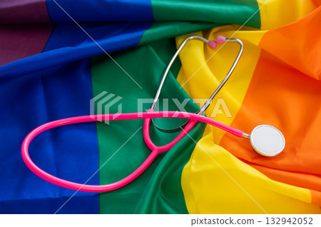 Stethoscope on a rainbow flag. Stethoscope on a rainbow flag. 132942052