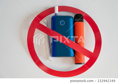 Prohibitory sign on a vape, cigarette and electronic cigarette. 132942149