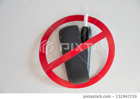 Prohibition sign on an electronic cigarette. Tobacco heating system. Prohibition sign on an electronic cigarette. Tobacco heating system. 132942150