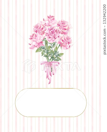Rose bouquet tied with pink ribbon, bow on striped isolated background in delicate shades. Empty space template for text in golden frame. Botanical festive floral illustration greeting card Rose bouquet tied with pink ribbon, bow on striped isolated background in delicate shades. Empty space template for text in golden frame. Botanical festive floral illustration greeting card 132942200