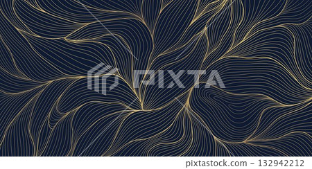Vector golden floral leaf pattern, tropical and botanical elements with linear decorative details. Luxury backgrounds, wallpaper, invitations, vintage design templates 132942212