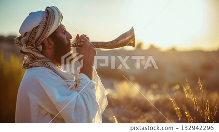 Jewish rabbi blows shofar. Yom Kippur.  132942296