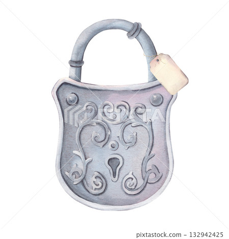 Vintage metal padlock with label. Hand-painted watercolor illustration isolated on white background. Perfect for invitations, logos, card, print, packaging, tattoo design, mystery themes, retro decor Vintage metal padlock with label. Hand-painted watercolor illustration isolated on white background. Perfect for invitations, logos, card, print, packaging, tattoo design, mystery themes, retro decor 132942425