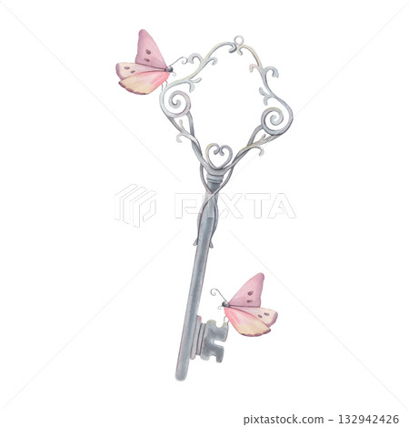 Vintage elegant metal key and butterflies. Hand-painted watercolor illustration isolated on white background for invitations, logos, cards, prints, decor, packaging, tattoo designs, retro art projects 132942426