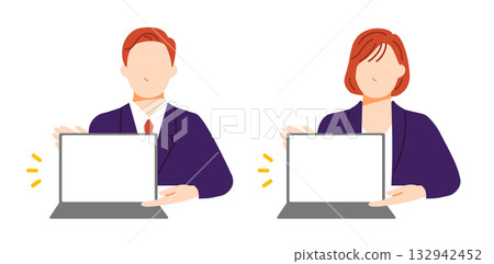 Flat design illustration of a business scene where a person is showing a laptop screen and explaining something. Flat design illustration of a business scene where a person is showing a laptop screen and explaining something. 132942452