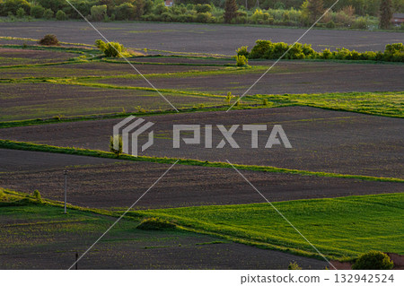 Vast agricultural fields stretch across the landscape under the golden light of sunset in a rural area Vast agricultural fields stretch across the landscape under the golden light of sunset in a rural area 132942524