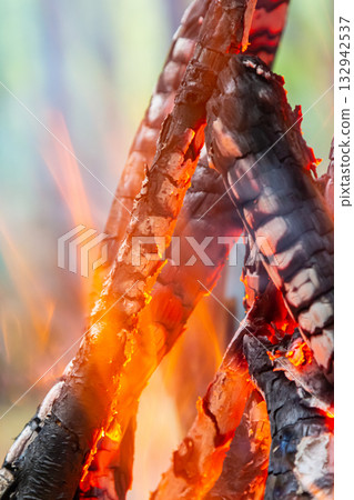 Glowing embers of a campfire at dusk providing warmth and light for evening gatherings in a forested area surrounded by trees Glowing embers of a campfire at dusk providing warmth and light for evening gatherings in a forested area surrounded by trees 132942537