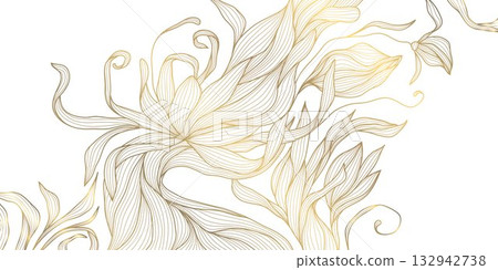 Luxury vector golden floral line art background featuring elegant flowers, delicate leaves, modern oriental style. Premium wedding invitations, botanical cards, wallpapers, and decorative design 132942738