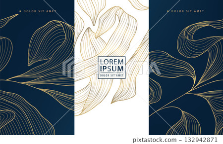 Luxury gold floral pattern, elegant line art deco flowers and leaves, modern decorative background. Premium packaging, wine labels, wedding invitations, cosmetics, and sophisticated branding designs Luxury gold floral pattern, elegant line art deco flowers and leaves, modern decorative background. Premium packaging, wine labels, wedding invitations, cosmetics, and sophisticated branding designs 132942871