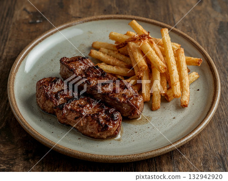 Juicy grilled steak pieces paired with crispy golden french fries served on a rustic ceramic plate over a dark wooden table background for a classic hearty meal concept. 132942920