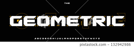 Geometric bold font logo alphabet square blocks typography, wide heavy cutout letters for techno futuristic title text, robotic technology, automotive poster headline, game branding. Vector typeset 132942986