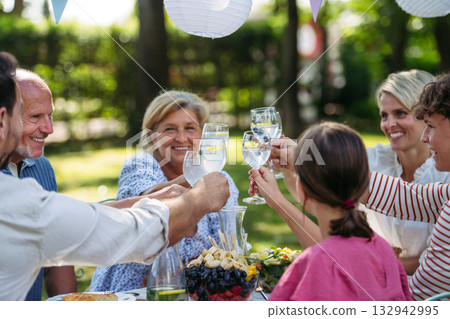 Multigenerational family toasting during outdoor barbecue party. Multigenerational family toasting during outdoor barbecue party. 132942995