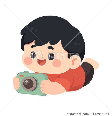 Cartoon Boy Lying Down Taking Picture Cartoon Boy Lying Down Taking Picture 132943031