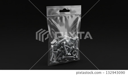 Transparent Packaging of Metal Bolts and Nuts on Black Background Transparent Packaging of Metal Bolts and Nuts on Black Background 132943090