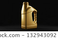 Golden motor oil bottle with handle, isolated on a black background, studio shot 132943092