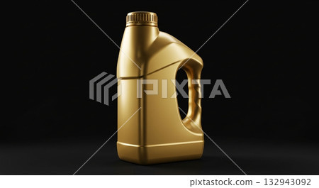 Golden motor oil bottle with handle, isolated on a black background, studio shot Golden motor oil bottle with handle, isolated on a black background, studio shot 132943092