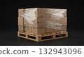 Stacked Cardboard Boxes Wrapped in Plastic Film on Wooden Pallet 132943096
