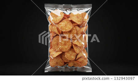 Transparent Bag of Crispy Cassava Chips on Black Background, Studio Shot 132943097