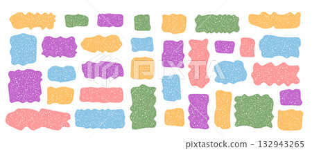 Set of organic squiggle shape frames in playful crayon sketch style. Each colorful rectangle, box, and bubble frame creates a vibrant text background or abstract banner for creative note or 132943265