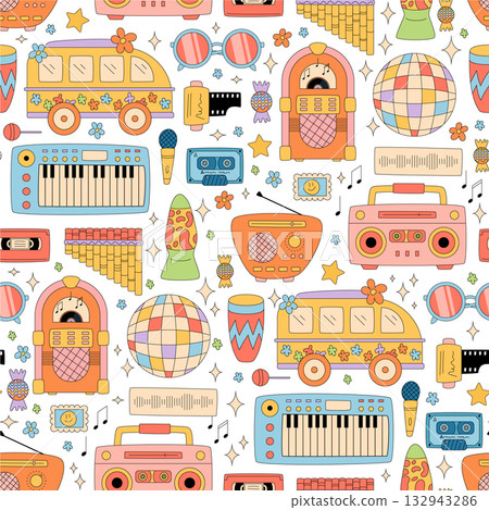 Groovy retro seamless music pattern in cartoon graphic style. Boombox, radio and cassette combine with disco and colorful synthesizer for a y2k party. Vibrant background design highlights playful fun 132943286