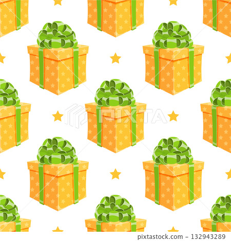 Cartoon gift box seamless pattern. Features colorful presents with vibrant ribbons and bows, creating a cheerful holiday celebration look. Ideal for birthday wrapping and party themes. 132943289