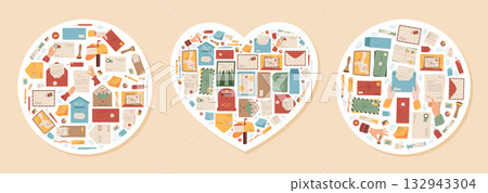 Heart mail sticker flat concept set. Envelope, letter, card, and note with postcard, message, and stamp in modern shape. Icon creative for correspondence, paper communication, unique label. 132943304