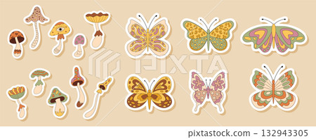 Groovy psychedelic butterfly and mushroom sticker set in retro doodle style with colorful and cute graphic look. Groovy element set blends y2k vibe as playful, artistic colorful pack for sticker or Groovy psychedelic butterfly and mushroom sticker set in retro doodle style with colorful and cute graphic look. Groovy element set blends y2k vibe as playful, artistic colorful pack for sticker or 132943305
