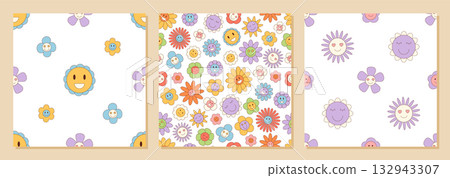 Groovy retro seamless flower pattern set with colorful smiley daisy elements as a y2k graphic background. This seamless pattern pack is a bright vintage collection for fun and modern projects. Groovy retro seamless flower pattern set with colorful smiley daisy elements as a y2k graphic background. This seamless pattern pack is a bright vintage collection for fun and modern projects. 132943307