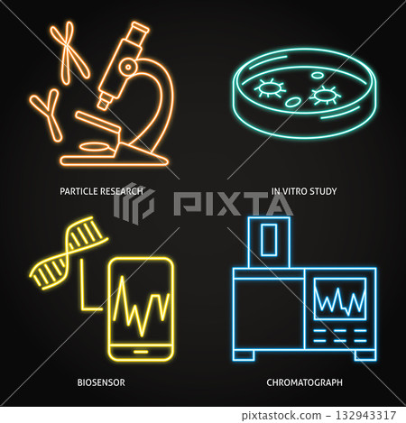 Laboratory analysis and diagnostics neon icon set Laboratory analysis and diagnostics neon icon set 132943317