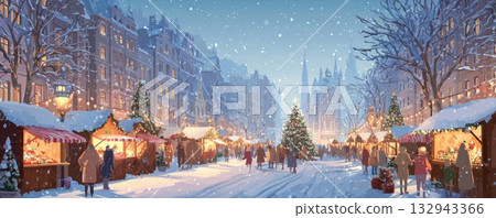 christmas market in snowy winter illustration 132943366