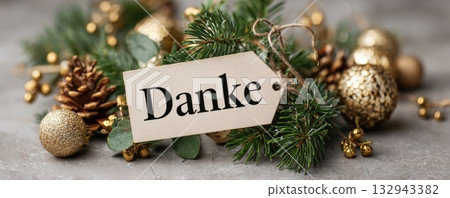 paper tag with german word thank you on christmas background with green and golden decoration 132943382