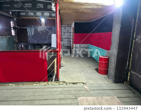 Industrial Space with Red and Black Banners Industrial Space with Red and Black Banners 132943447