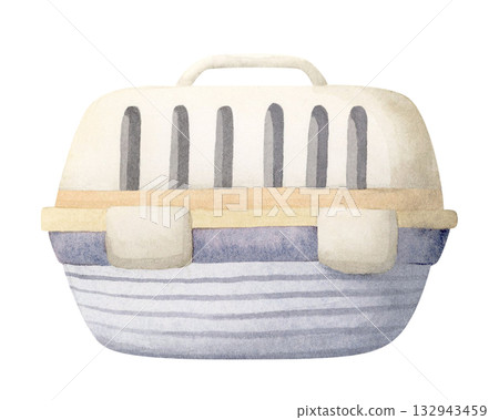 Cat carrier watercolor illustration isolated on white. Pet accessories clip art in pastel beige and purple gray colors. Domestic animals veterinary health care drawing for rescue and adoption concepts Cat carrier watercolor illustration isolated on white. Pet accessories clip art in pastel beige and purple gray colors. Domestic animals veterinary health care drawing for rescue and adoption concepts 132943459