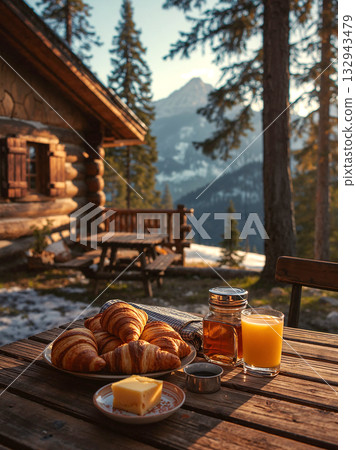 Scenic outdoor breakfast featuring fresh croissants, orange juice, and honey on a wooden table with a rustic log cabin and snowy mountain view background. 132943479
