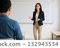 A female instructor of Western descent answers questions in front of a whiteboard 132943534