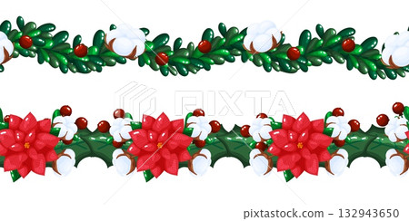 Set of Two Christmas Borders with Poinsettia and Cotton 132943650